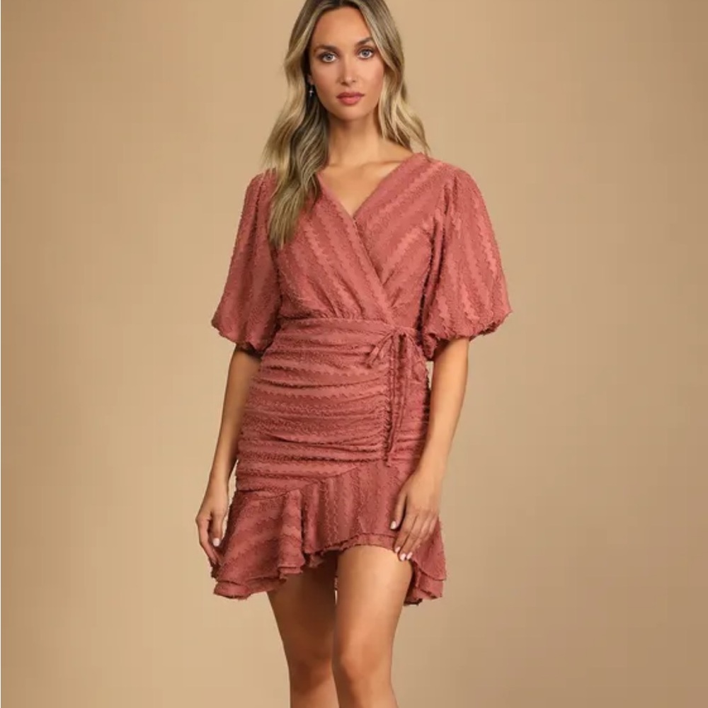 Cherish This Moment Rusty Rose Ruched Asymmetrical Mini Dress- new with tags